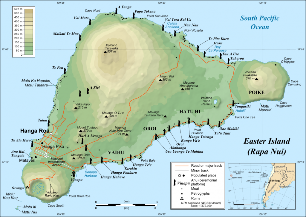 Mapa com as atrações da Ilha de Páscoa. Fonte: Wikimedia