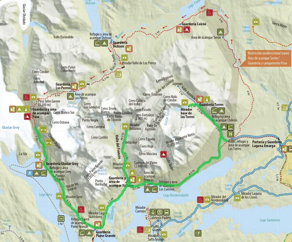 mapa Circuito W em Torres del Paine